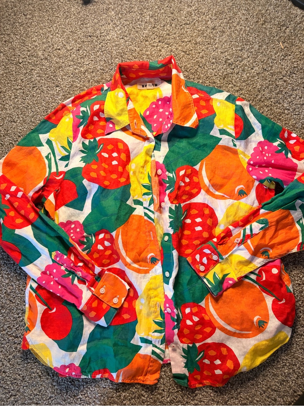 Boden Sienna Linen Strawberry-Print Button-Down Shirt - Pink, Green, Yellow - Picture 6 of 8